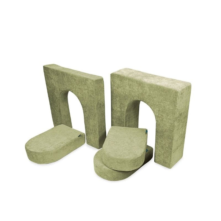Go Coconut Walls and Doors Bundle in Kiwi Swing showing the modular CertiPUR foam wall and door pieces that add fort-building and enclosed room configurations to any Go Coconut play couch setup
