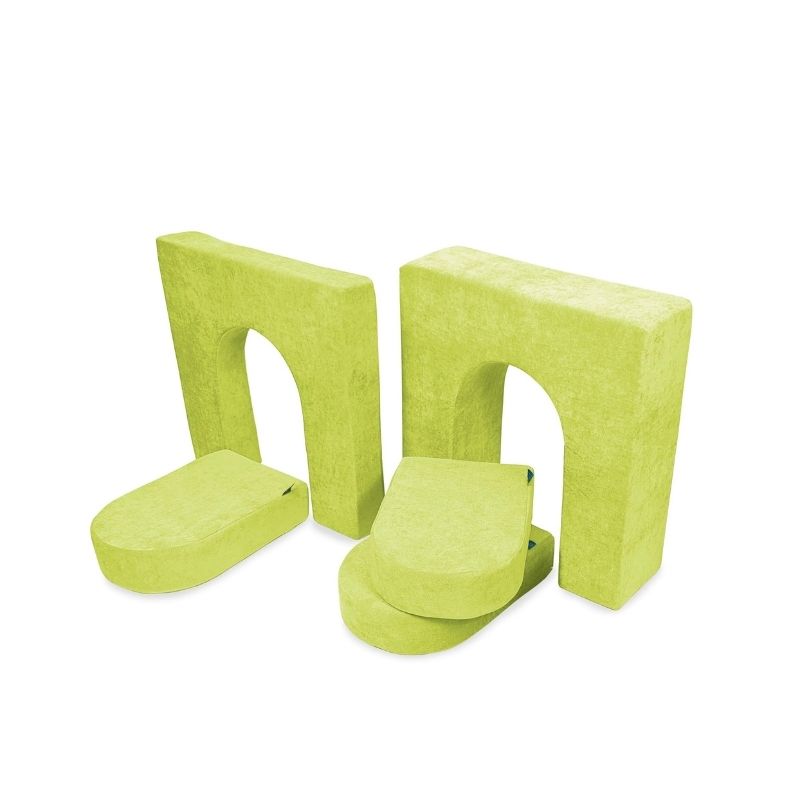 Go Coconut Walls and Doors Bundle in Lima Limon showing the 5-piece modular foam set with 10in and 5in walls and 3 doors for fort building and enclosed play space configurations with The Coconut play couch