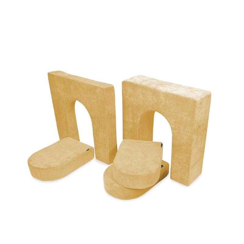 Go Coconut Walls and Doors Bundle in Mango Blast showing the 5-piece foam module set with machine-washable Durable Micro Velveteen covers made 100% in Canada for play couch expansion