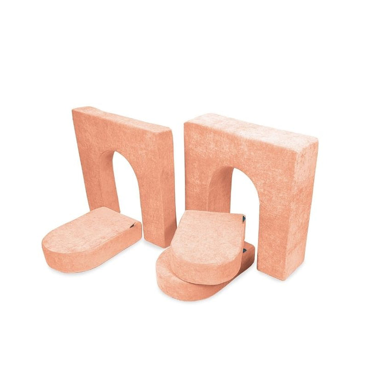 Go Coconut Walls and Doors Bundle in Peach Party showing the 30x30in CertiPUR foam wall and door modules made in Canada for creative fort building and sensory enclosed space play