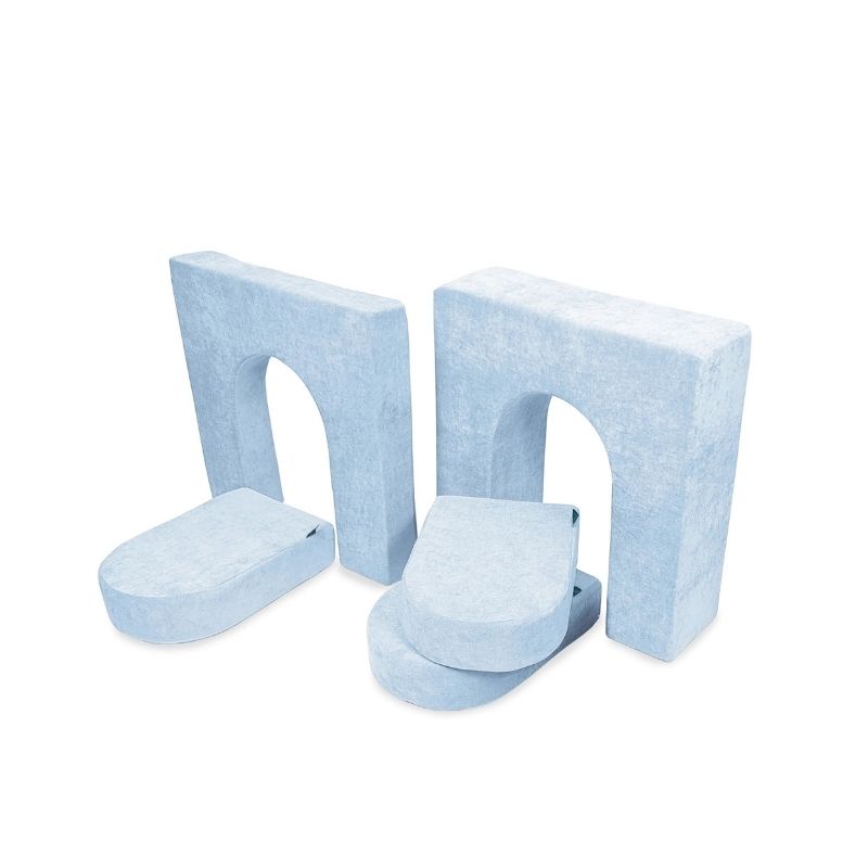Go Coconut Walls and Doors Bundle in Polar Plush showing all 5 pieces - the 10in thick wall, 5in thin wall, and 3 door modules - the CertiPUR-US certified foam fort building add-on for The Coconut play couch, 100% made in Canada