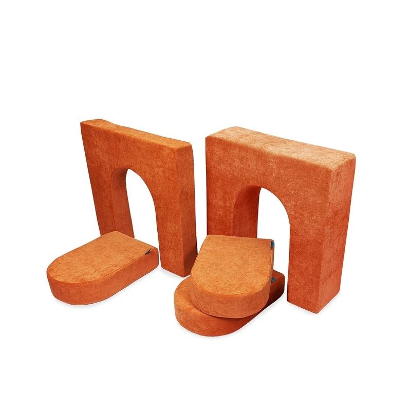Go Coconut Walls and Doors Bundle in Twisty Tangerine showing the 5-piece CertiPUR foam module add-on with two wall thicknesses and three doors for fort building and sensory enclosed play