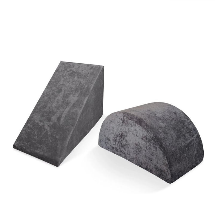 Go Coconut Wedge & Mega Rocker Bundle in Charcoal Chill showing the triangular Wedge and curved Mega Rocker foam shapes made in Canada for sliding, balancing, and active movement play