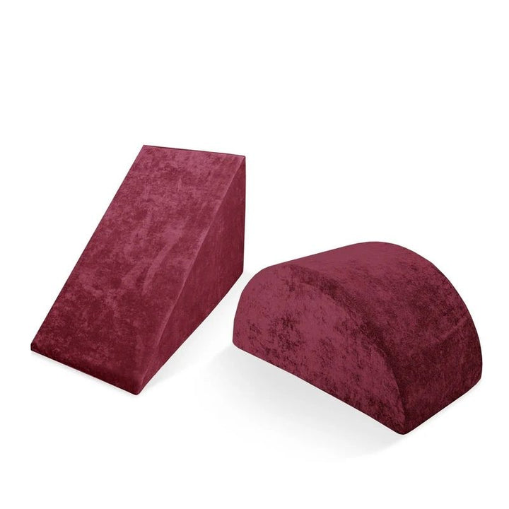 Go Coconut Wedge & Mega Rocker Bundle in Cranberry Rain showing the 2-piece CertiPUR foam active play set with Durable Micro Velveteen covers, compatible with all Go Coconut modules
