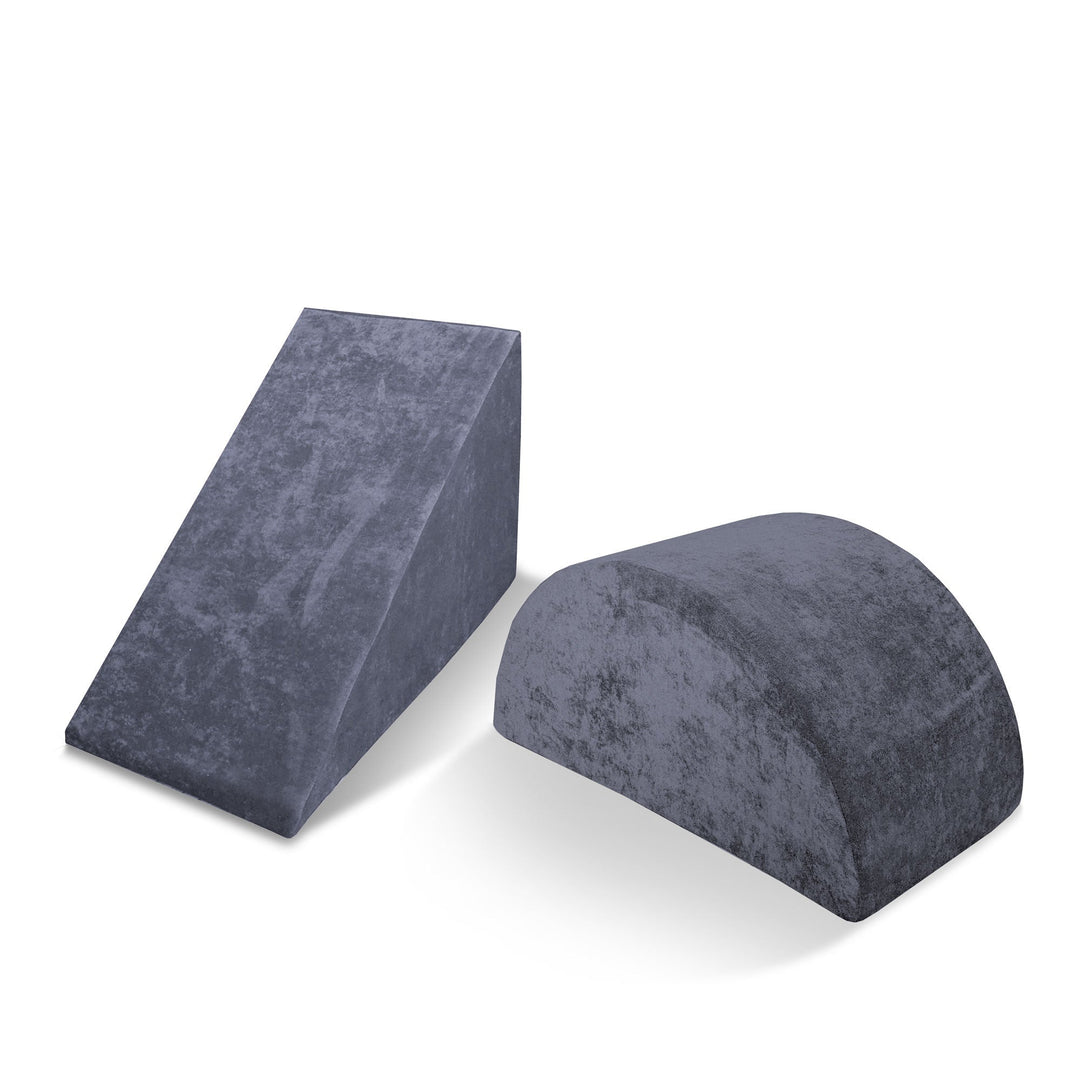 Go Coconut Wedge & Mega Rocker Bundle in Cuddly Koala showing the foam Wedge slide ramp and Mega Rocker balance rocker arch for active physical play, 100% made in Canada with lifetime warranty