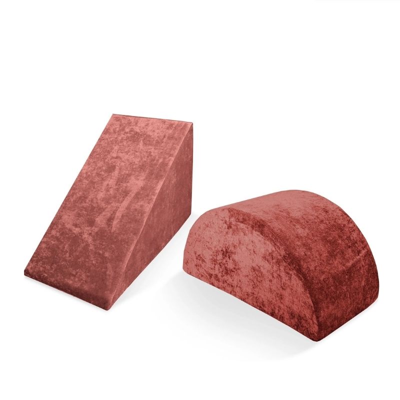Go Coconut Wedge & Mega Rocker Bundle in Fig showing the foam Wedge slide ramp and Mega Rocker balance rocker for active movement play, 100% made in Canada with CertiPUR-US certified foam