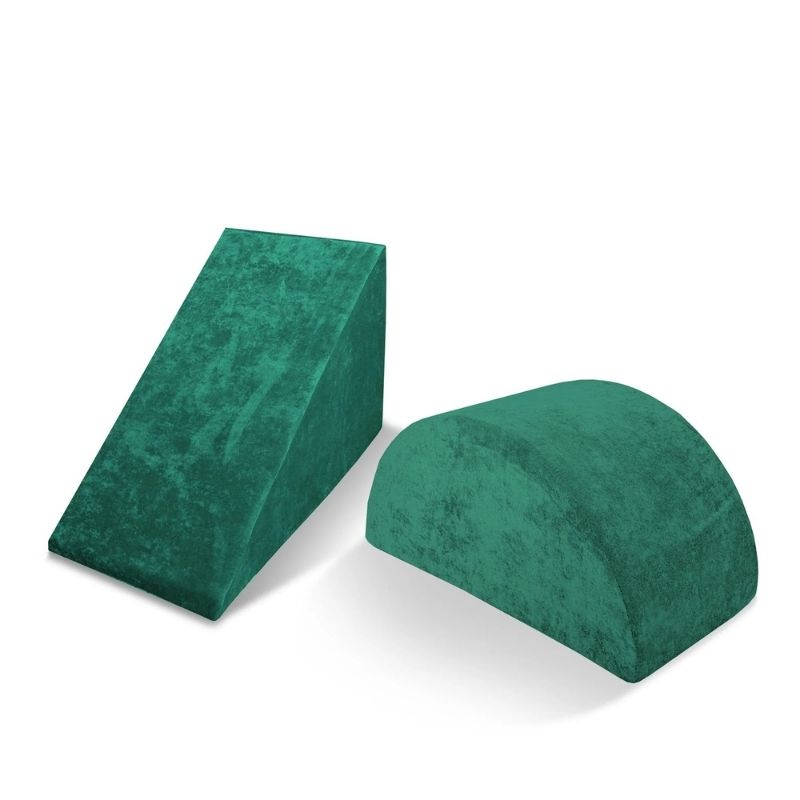 Go Coconut Wedge & Mega Rocker Bundle in Forest Fern showing the 2-piece CertiPUR foam active play set with Durable Micro Velveteen covers and lifetime warranty, made in Canada