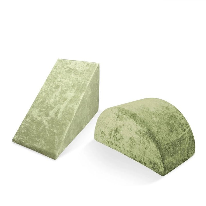 Go Coconut Wedge & Mega Rocker Bundle in Kiwi Swing showing the triangular foam Wedge and curved arch Mega Rocker active play shapes for sliding, climbing, rocking, and gross motor development