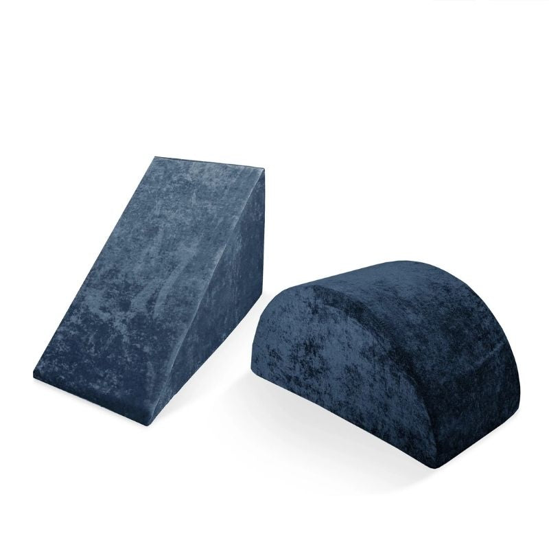 Go Coconut Wedge & Mega Rocker Bundle in Midnight Tide showing the foam Wedge incline and Mega Rocker arch for sliding, climbing, rocking, and vestibular balance play with Go Coconut products