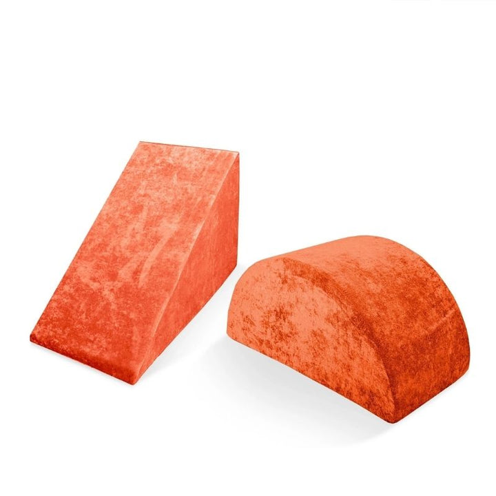 Go Coconut Wedge & Mega Rocker Bundle in Papaya Splash showing the 2-piece foam active play set with machine-washable Durable Micro Velveteen covers made in Canada with lifetime warranty