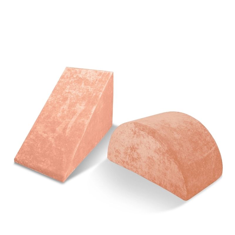 Go Coconut Wedge & Mega Rocker Bundle in Peach Party showing the triangular foam Wedge and curved Mega Rocker, compatible with all Go Coconut products, made in Canada with CertiPUR foam