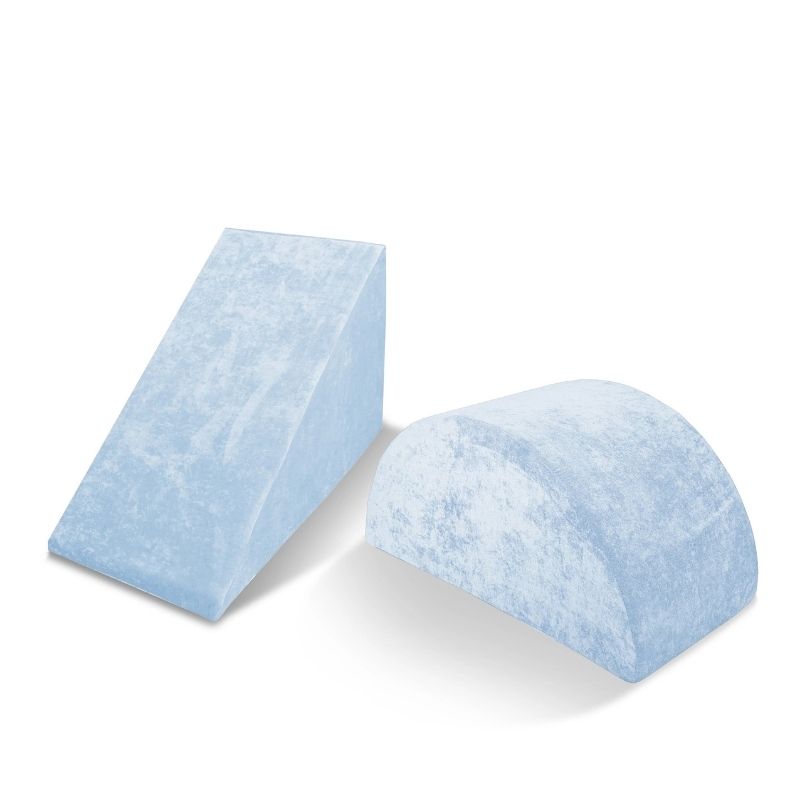 Go Coconut Wedge & Mega Rocker Bundle in Polar Plush showing the triangular foam Wedge (20x30x15in) and curved arch Mega Rocker (30x15x15in), the 2-piece active play set for sliding, climbing, rocking, and balancing