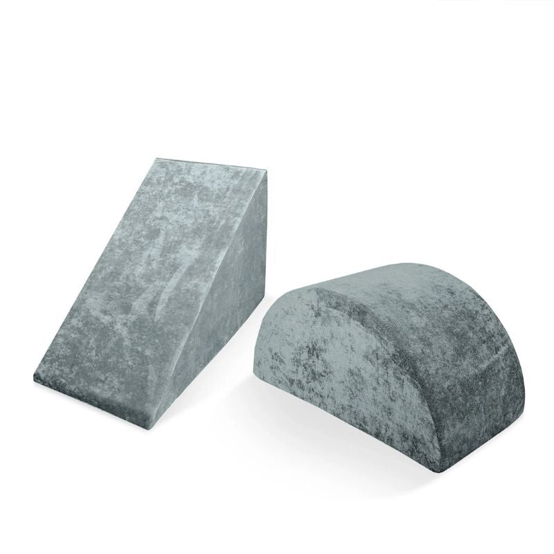 Go Coconut Wedge & Mega Rocker Bundle in River Stone showing the foam Wedge slide and ramp and curved Mega Rocker balance arch, the CertiPUR-US certified 2-piece active movement add-on made 100% in Canada
