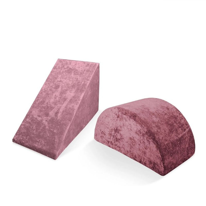 Go Coconut Wedge & Mega Rocker Bundle in Rose Blush showing the foam Wedge incline and Mega Rocker arch active play shapes, the CertiPUR-US certified 2-piece movement add-on for Go Coconut