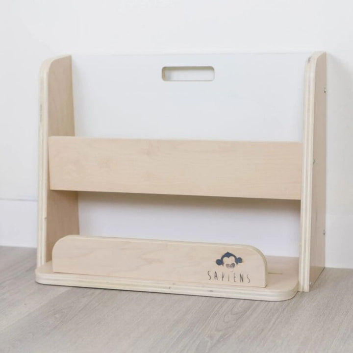 Sapiens Child Guava Montessori Bookshelf clean front view showing the open forward-facing book display design, eco-friendly wood construction, and compact 15.2 inch height for toddler access
