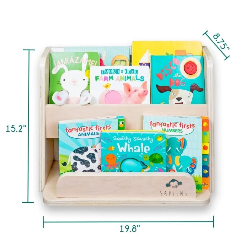 Sapiens Child Guava Montessori Bookshelf detailed dimension display showing the 15.2 inch height, 19.8 inch width, and 8.75 inch depth specifications of the Canadian-made forward-facing toddler bookshelf
