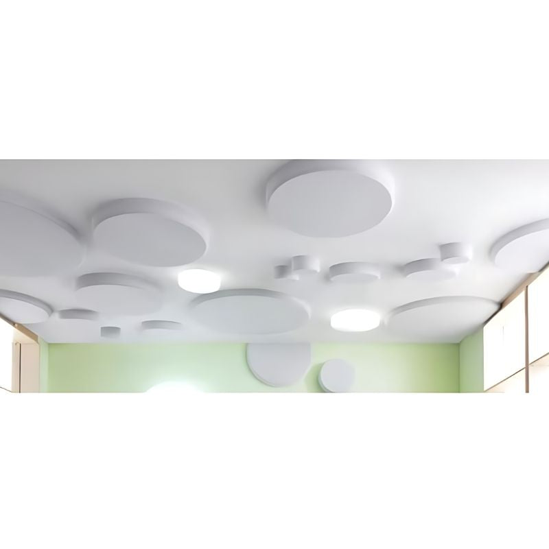 HABA Pro Grow.upp Abacustica acoustic ceiling panel set in white, round sound absorption elements in six sizes for early learning centres, daycares, and therapy spaces
