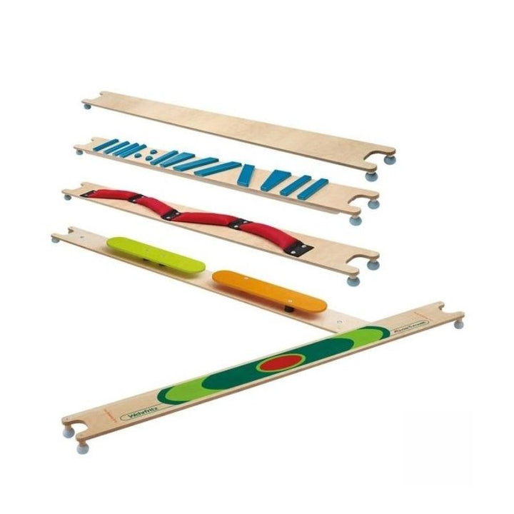 HABA Pro 5 Balancing Board Set showing all five birch wood balancing paths arranged for a full gross motor course