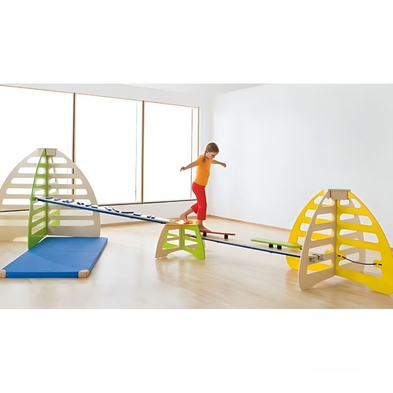 HABA Pro 3 Balancing Board Set wooden shapes and toe spheres detail showing the variable tactile surfaces for vestibular balance training