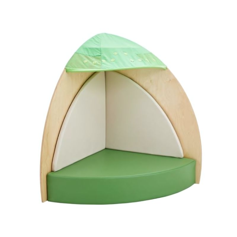 HABA Pro Canopy Retreat Cave front view with curtain open, showing the birch wood frame and foam-padded seat inside