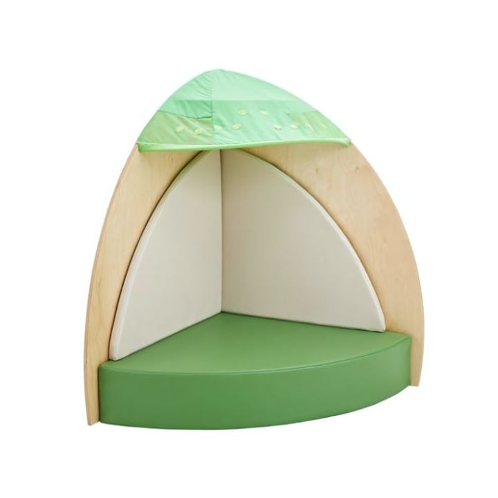 HABA Pro Canopy Retreat Cave front view with curtain open, showing the birch wood frame and foam-padded seat inside