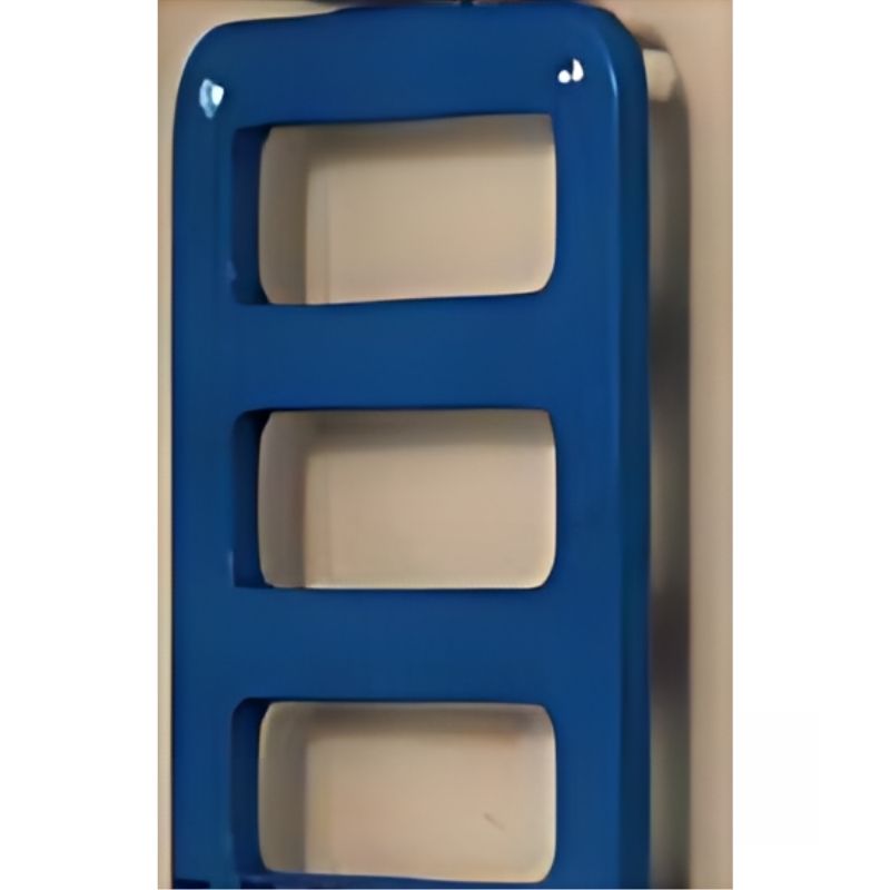 Close-up of the HABA Pro City Wall blue high-rise birch wood skyscraper application, showing the window cut-outs and grip openings that make up the indoor bouldering wall's city theme