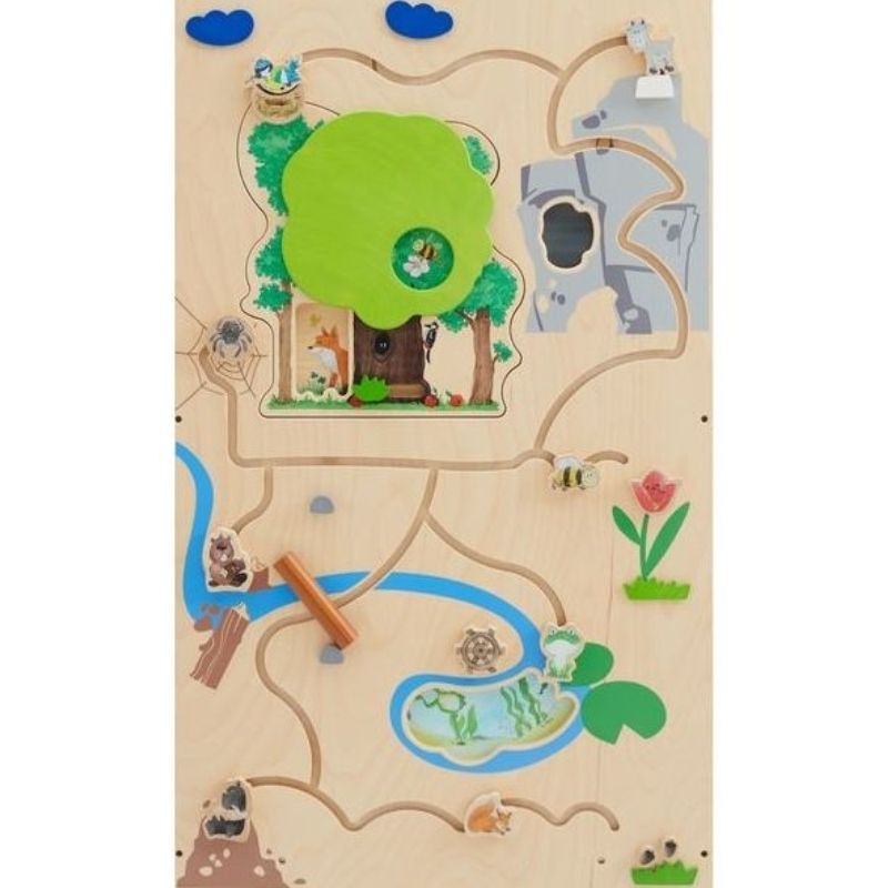 Full front view of the HABA Pro Forest Sensory Wall Panel showing the beech wood construction and layered forest-themed interactive elements