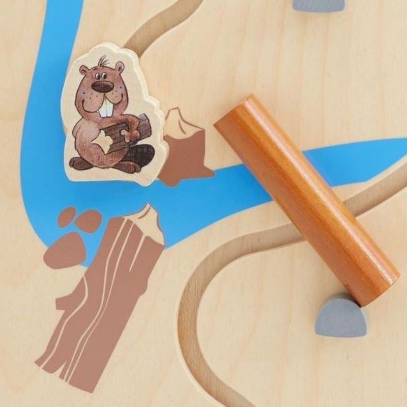 Close-up of the beaver feature on the HABA Pro Forest Sensory Wall Panel, one of the forest animal discovery elements that rewards patient tactile exploration