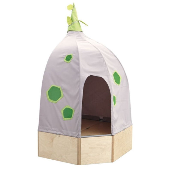 Side view of the HABA Pro Grow.upp Corner Cave Bundle showing the onion-shaped fabric cave cover sitting atop the sensory bath platform