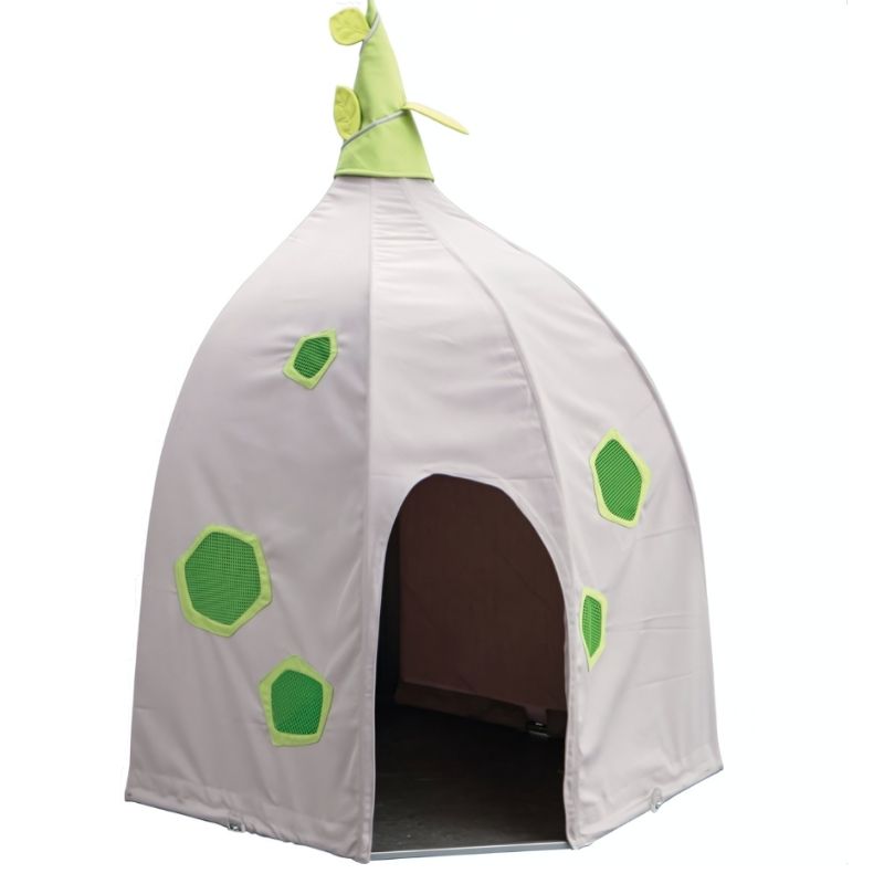 HABA Pro Grow.upp corner cave cover shown on white background, displaying the full grey fabric onion-shaped exterior with green mesh ventilation panels