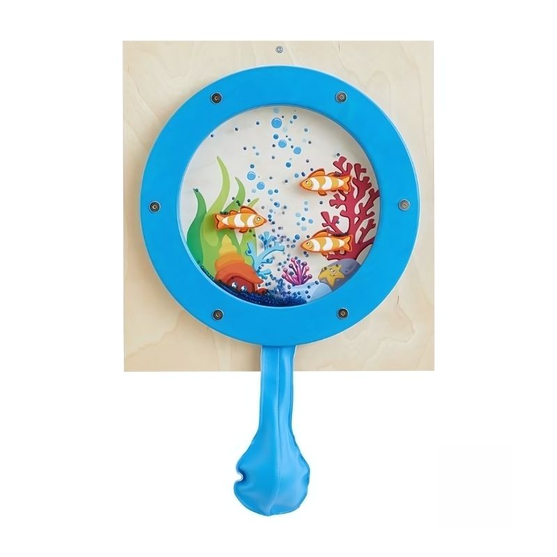 HABA Pro Ocean Sensory Wall Panel mounted on wall, showing the full underwater printed scene and bellows bag for tactile sensory exploration