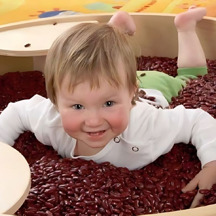 HABA Pro Sensory Bath filled with beans for basal stimulation and tactile discrimination play in therapy and home settings