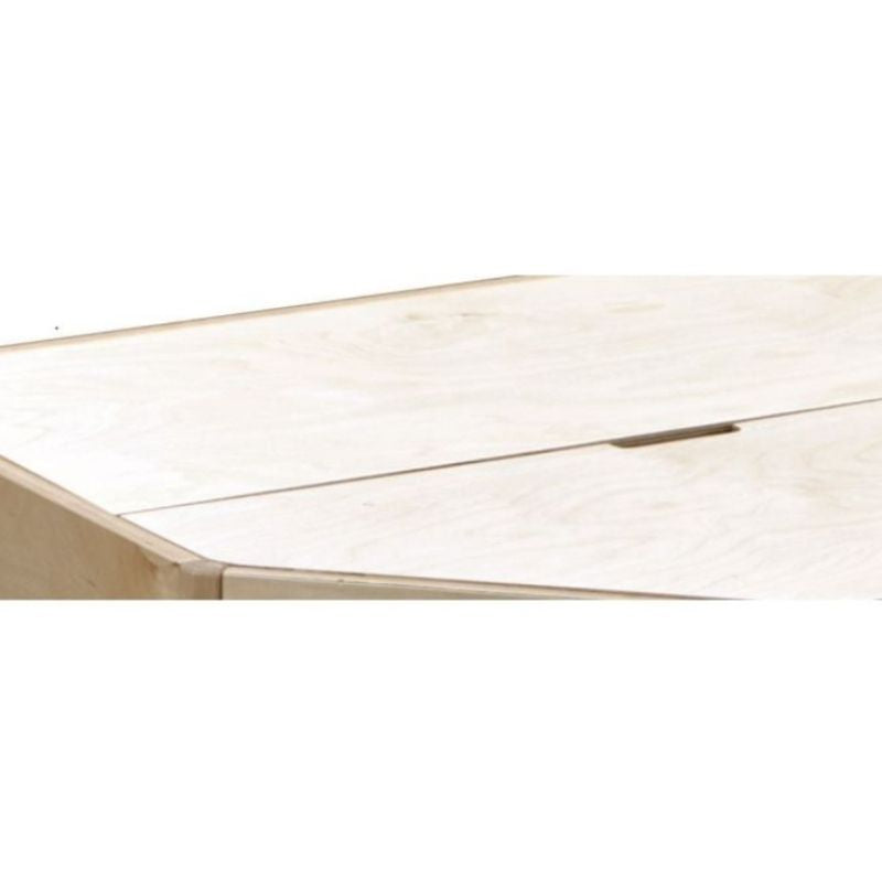 Top-down close-up of the HABA Pro Grow.upp sensory bath platform two-piece birch wood lid, showing the centre join line and recessed handle cutout for adult operation