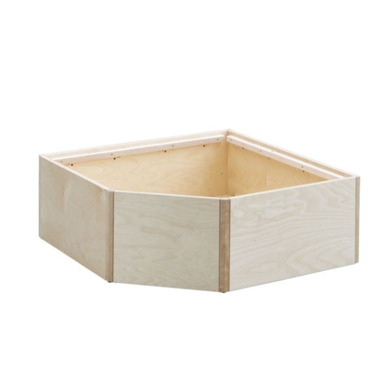 HABA Pro Grow.upp sensory bath platform shown open without its lid, revealing the natural birch wood construction and deep corner-fit basin for tactile fill