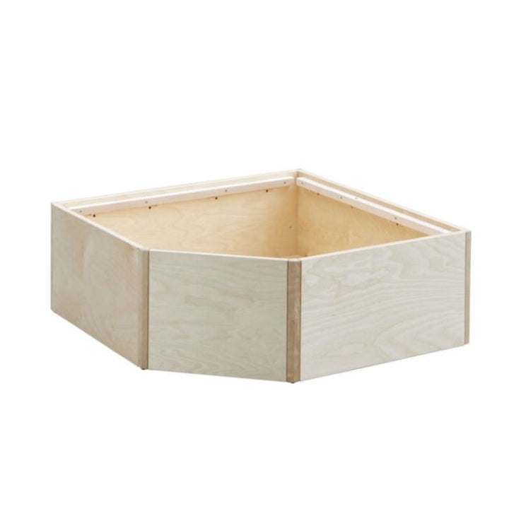 HABA Pro Grow.upp sensory bath platform shown open without its lid, revealing the natural birch wood construction and deep corner-fit basin for tactile fill