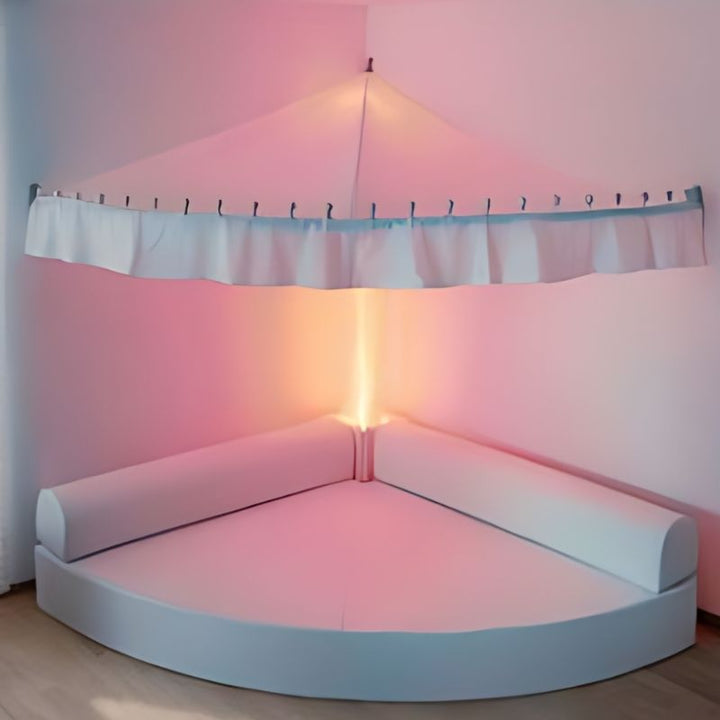 HABA Pro Sensory Corner Mat with Backrests positioned as a classroom reading nook, showing the quarter-circle shape fitted into a room corner
