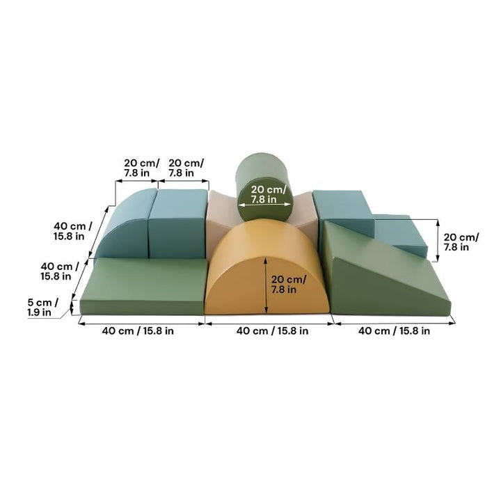 Dimension diagram for the IGLU Adventurer Soft Play Set showing cm and inch measurements for each foam shape