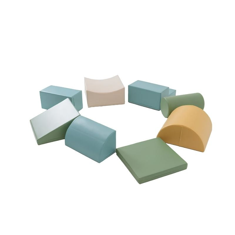 Individual foam shapes from the IGLU Adventurer Soft Play Set in Pastel Turquoise, showing the ramp, arch, cylinder and blocks separately