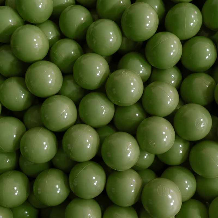 IGLU Ball Pit Balls 500pc in Dark Green, a close-up of 500 sage-toned 7cm non-toxic ball pit balls for sensory play and colour-contrast activities in play and therapy settings