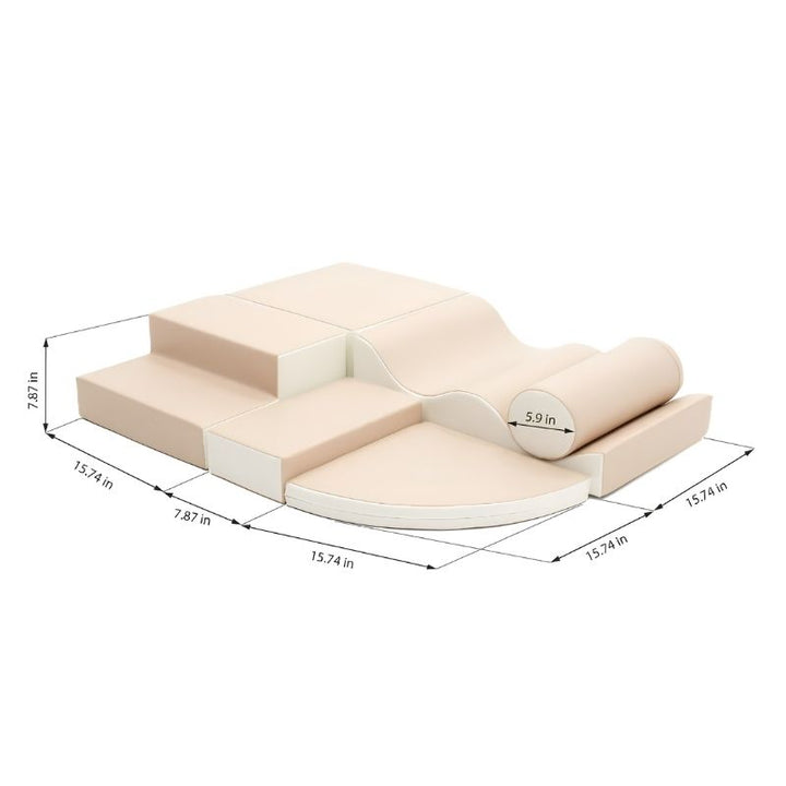 Dimension diagram of the IGLU Explorer Soft Play Set showing height, footprint and cylinder measurements in inches