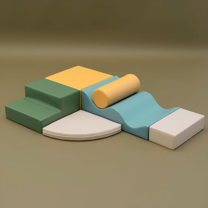 Rendered view of the IGLU Explorer Soft Play Set in a green, yellow and teal colourway, foam shapes arranged for toddler play
