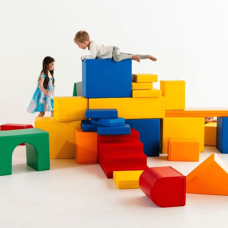 Detail view of IGLU Soft Play Mega Castle foam block construction showing the 100% recyclable high-quality closed cell foam material