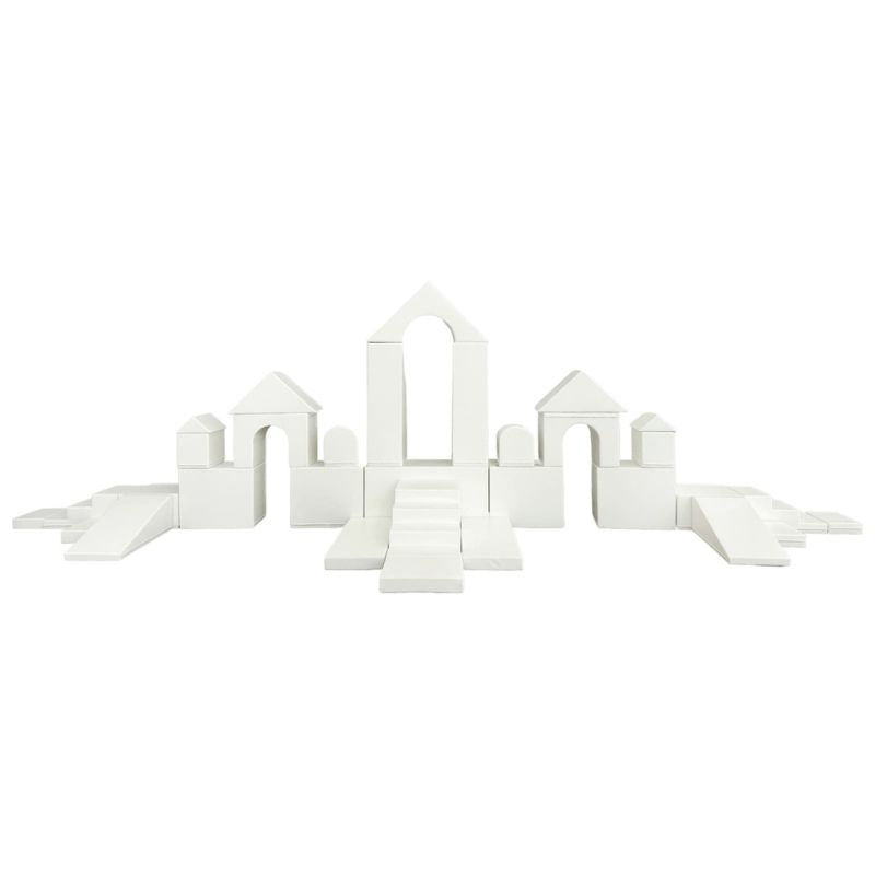 IGLU Mega Castle foam blocks stacked for compact storage, showing the lightweight stackable design that makes the set easy to pack and transport