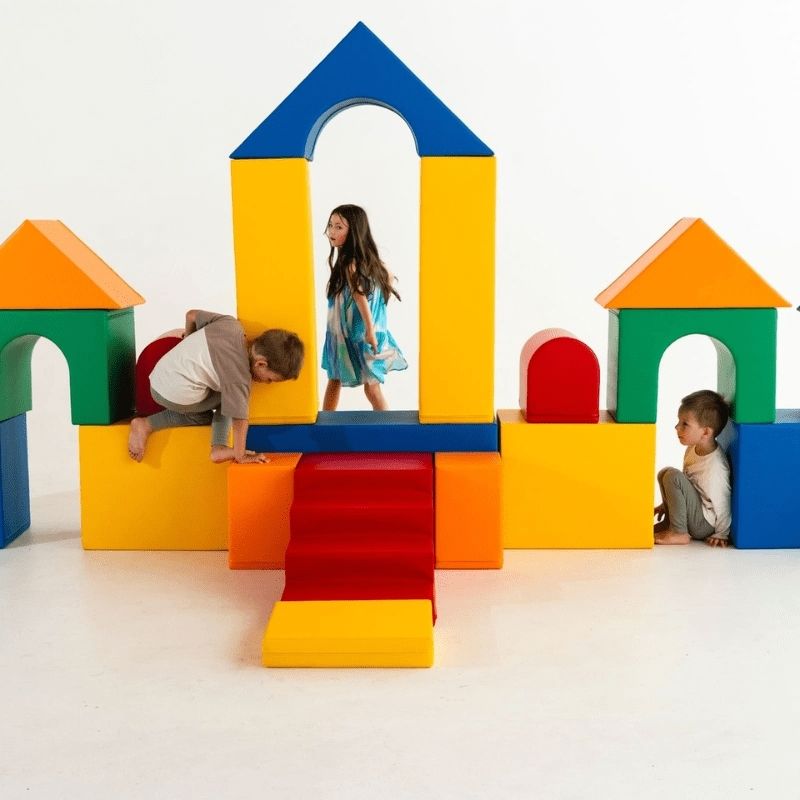 IGLU Soft Play Mega Castle Set foam blocks showing modular configuration options for indoor gross motor play at home or in daycare