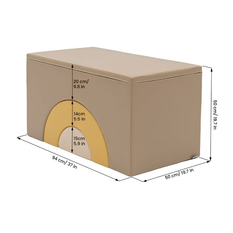 Dimension diagram for the IGLU Rainbow Bridge Soft Play Set Beige/Honey variant showing overall dimensions of 94 cm long by 50 cm wide by 50 cm tall, with arch clearance measurements for each of the three foam pieces