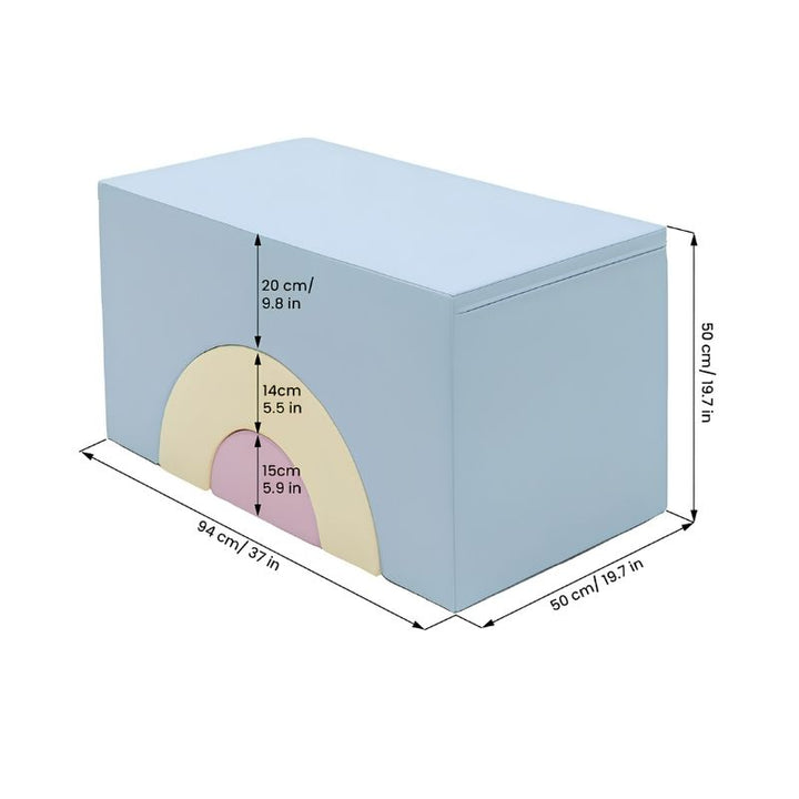 Dimension diagram for the IGLU Rainbow Bridge Soft Play Set showing overall dimensions of 94 cm long by 50 cm wide by 50 cm tall, with arch clearance measurements for each of the three foam pieces