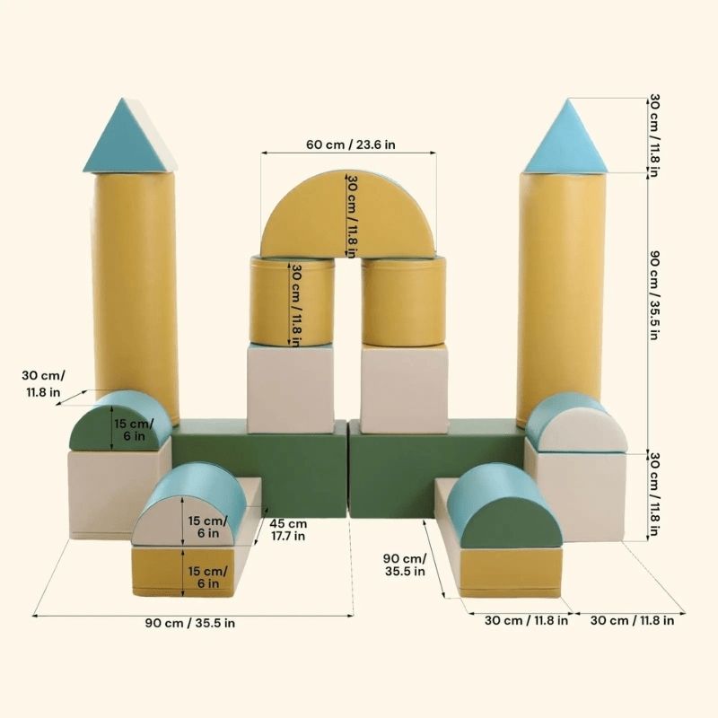 IGLU Soft Play Fortress Set in turquoise with dimension annotations, showing the scale and size of the foam climbing blocks for home and commercial planning