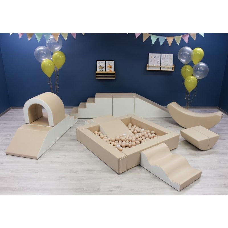 IGLU Soft Play Party Set in beige and white colourway, full landscape view of the complete foam soft play set