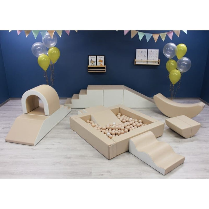 IGLU Soft Play Party Set in beige and white colourway, full landscape view of the complete foam soft play set