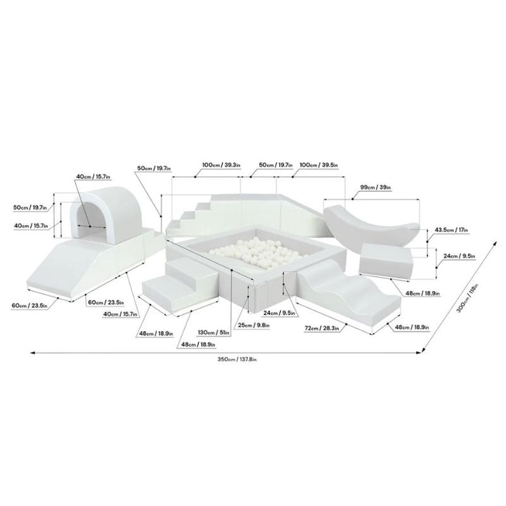 IGLU Soft Play Party Set dimension diagram showing full layout measurements of 350cm x 299.7cm x 79.8cm for soft play room planning